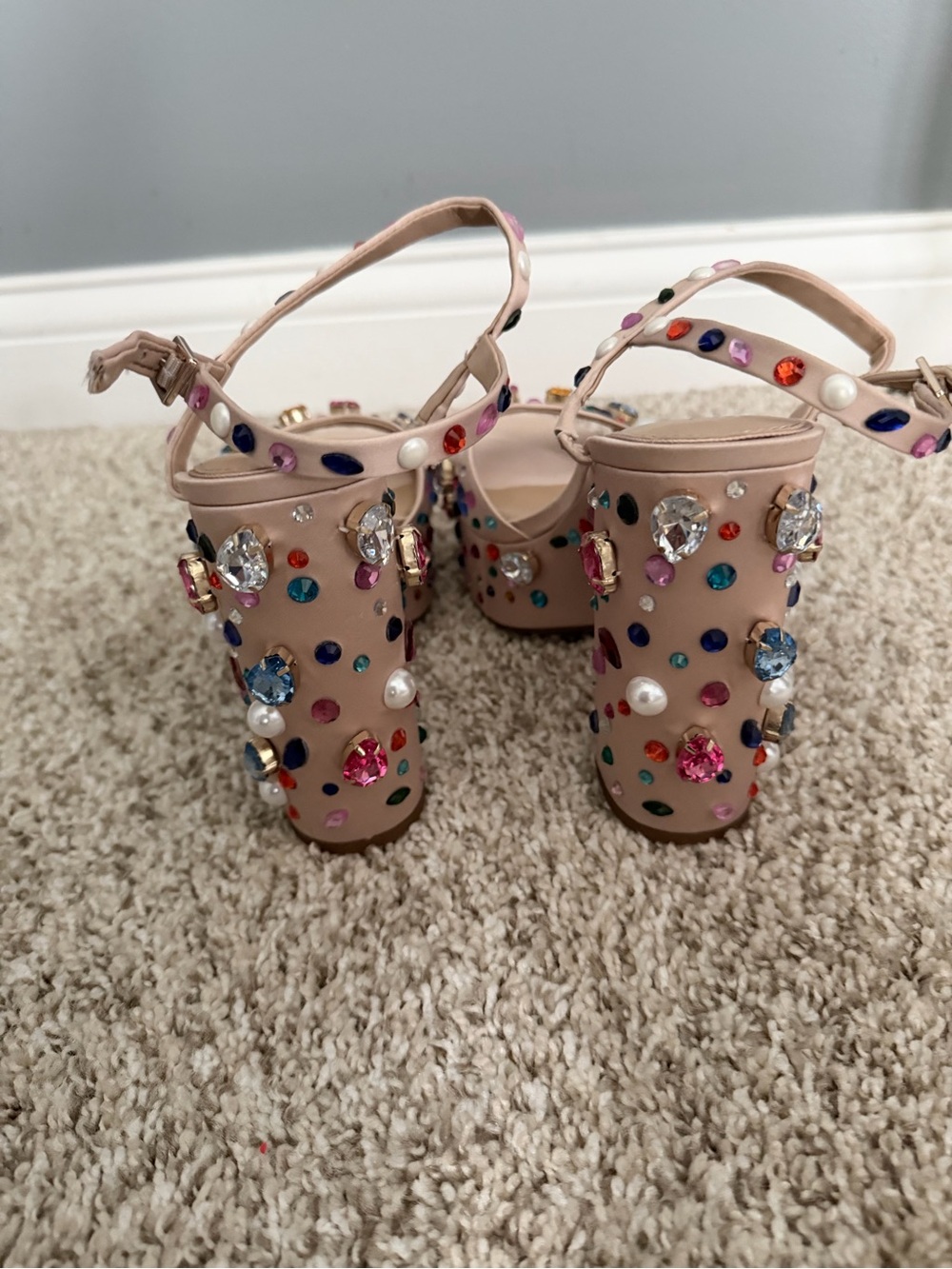 Nude Jeweled Platform Block Heels - Women's - Picture 5 of 7